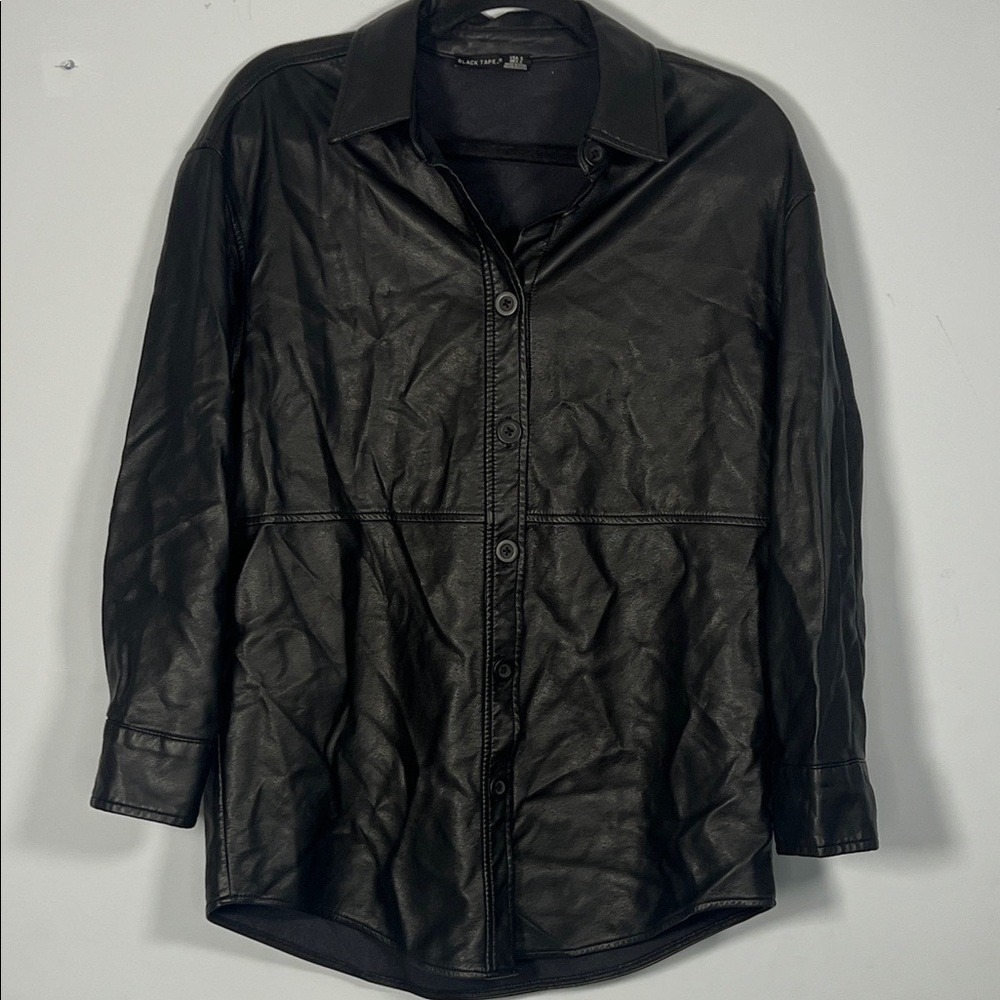 Black Tape Womens Faux Black Leather Long Sleeve Whimsigoth Chic Button Up Shirt